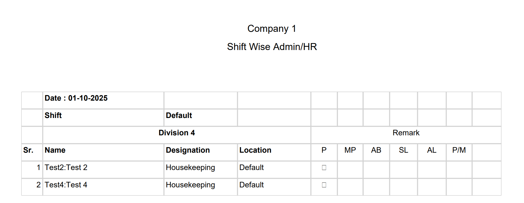 Shift Wise Admin/HR Report